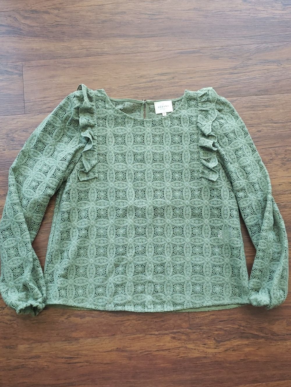 Sezane Salina Crochet Ruffle Long Sleeve Blouse Size 40 Preppy Luxury Boho Olive - Picture 2 of 8
